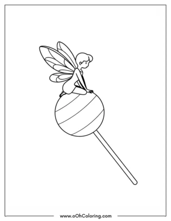 A coloring page of a fairy sitting on a striped lollipop