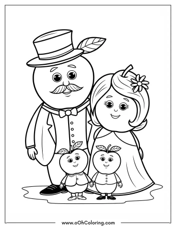 A coloring page of an apple family dressed in human clothes