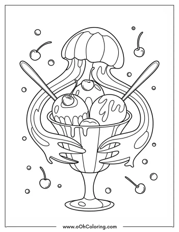 A coloring page of a jellyfish holding an ice cream sundae with cherries