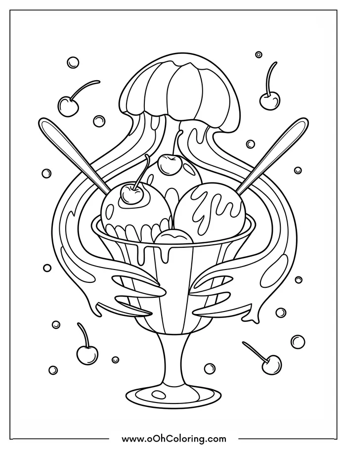 A coloring page of a jellyfish holding an ice cream sundae with cherries