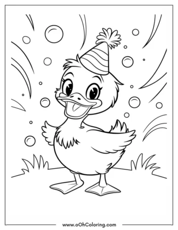 A coloring page of a happy duck with a party hat, surrounded by bubbles.