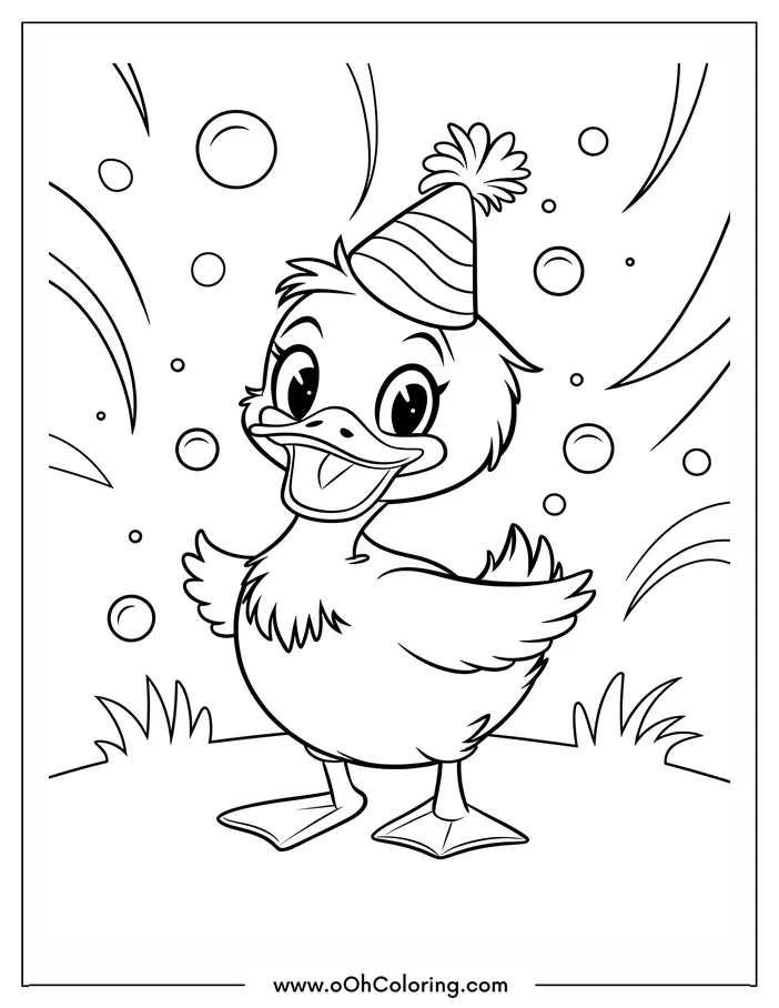 A coloring page of a happy duck with a party hat, surrounded by bubbles.