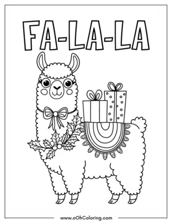 A coloring page of a llama with gifts and holly, labeled 'Fa-La-La'