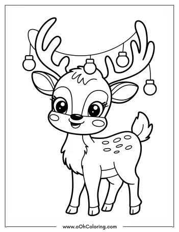Adorable reindeer with lights on antlers coloring page