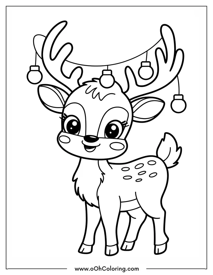 Adorable reindeer with lights on antlers coloring page
