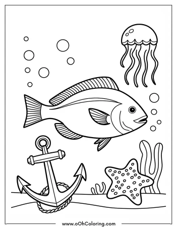 Coloring page of a fish, jellyfish, and starfish in an ocean setting