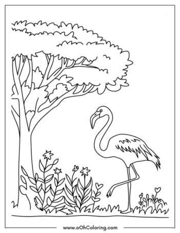 A coloring page of a flamingo standing by a tree with plants and flowers around it