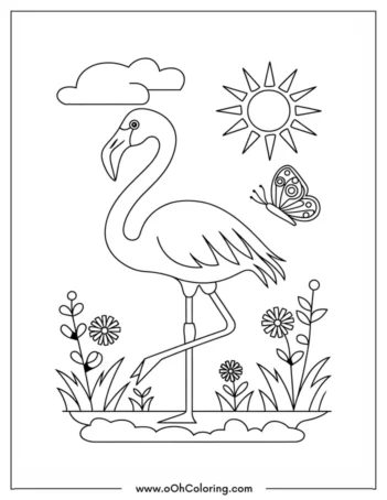 A coloring page with a flamingo standing in a pond and a butterfly nearby