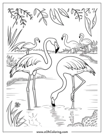 A coloring page depicting flamingos by a pond with plants around.
