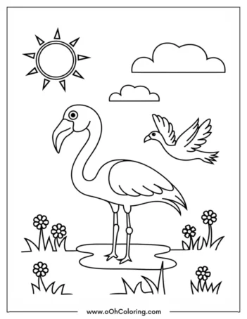 A coloring page of a flamingo standing in a pond with a bird flying overhead