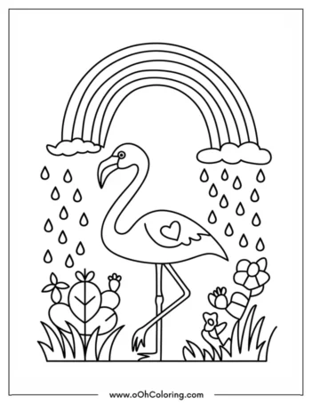 A flamingo coloring page under a rainbow with raindrops