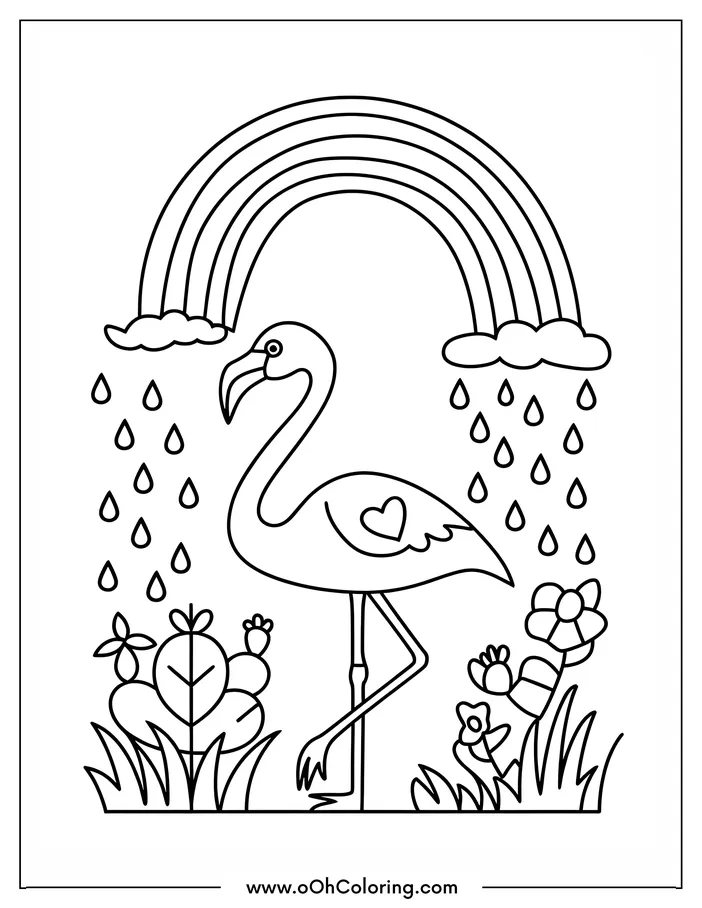 A flamingo coloring page under a rainbow with raindrops