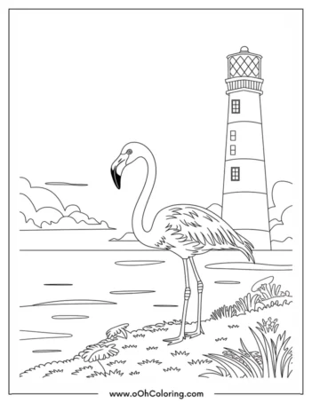 Coloring page of a flamingo standing near a lighthouse by the water