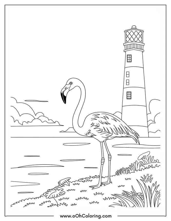 Coloring page of a flamingo standing near a lighthouse by the water