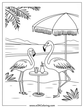 A coloring page of two flamingos with a beach umbrella and drinks on a table