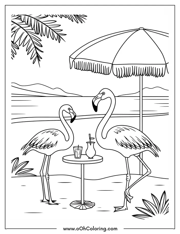 A coloring page of two flamingos with a beach umbrella and drinks on a table