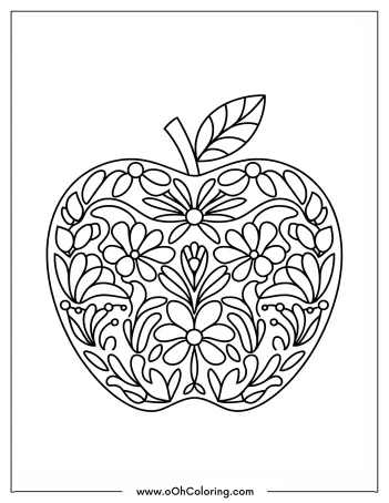 Coloring page of an apple with floral patterns inside