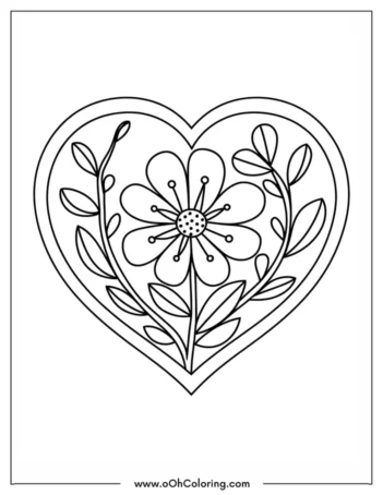A coloring page with a flower inside a heart-shaped outline with leaves.
