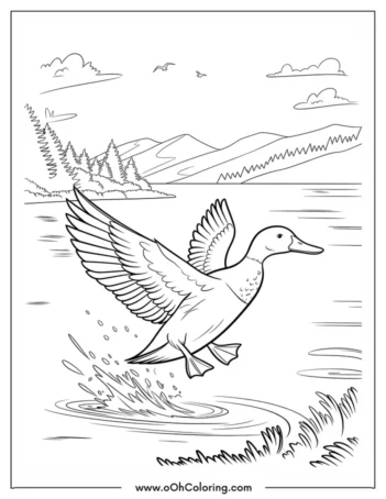 A coloring page of a duck flying over a lake with mountains in the background