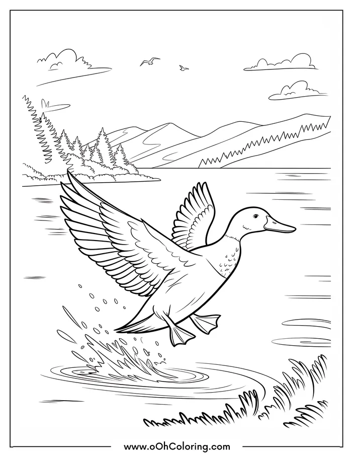 A coloring page of a duck flying over a lake with mountains in the background