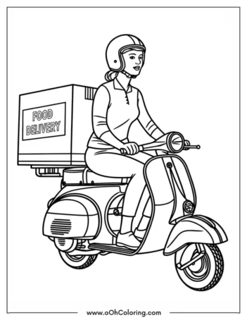 A coloring page of a person on a scooter with a food delivery box