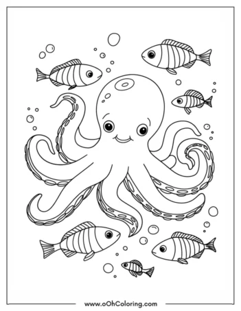 A coloring page of a smiling octopus with fish swimming around it