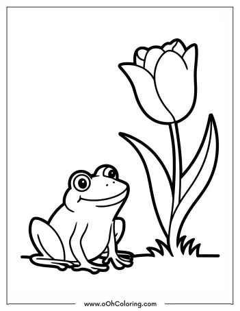 A coloring page of a frog sitting beside a tulip