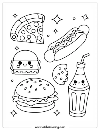 Coloring page with cartoon food items including pizza, hotdog, burger, soda bottle, and cookie with faces