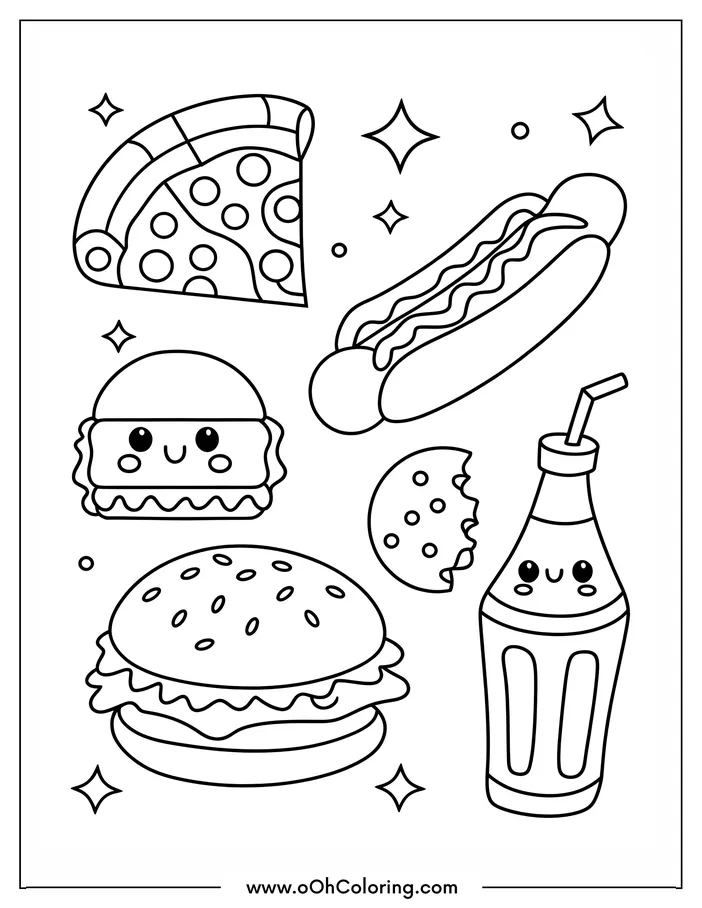 Coloring page with cartoon food items including pizza, hotdog, burger, soda bottle, and cookie with faces