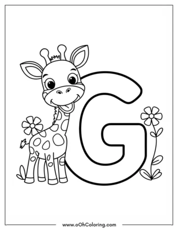 A coloring page with a smiling giraffe next to the letter G and flowers.