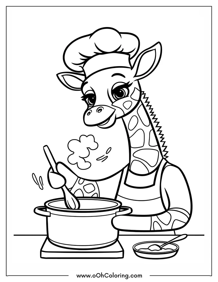 Coloring page of a giraffe wearing a chef's hat and cooking