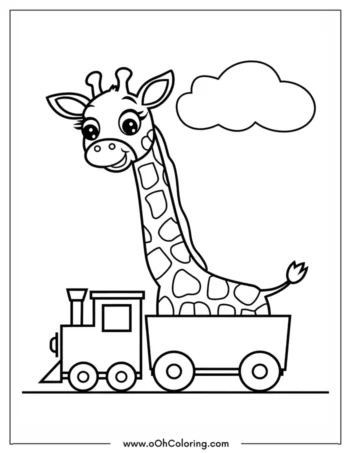 A coloring page of a giraffe in a train car with a cloud in the background