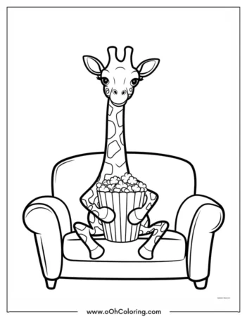 A coloring page of a giraffe sitting on a couch with a bucket of popcorn