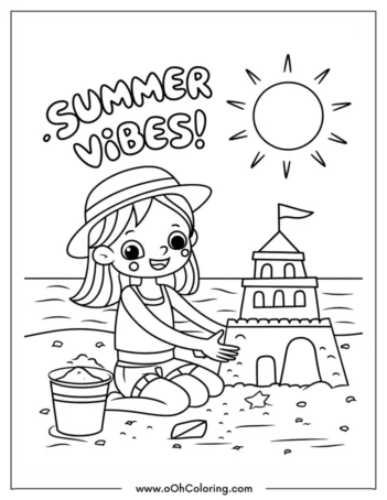 A coloring page of a smiling girl building a sandcastle on a sunny beach.