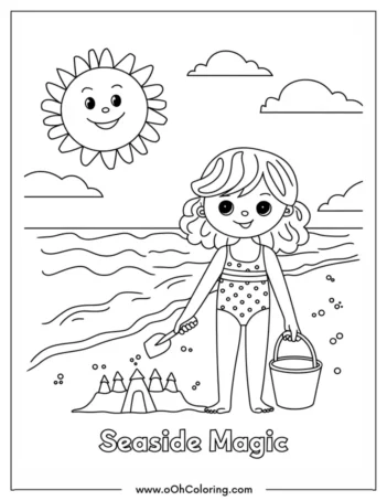 Coloring page of a girl building a sandcastle at the beach with a smiling sun.