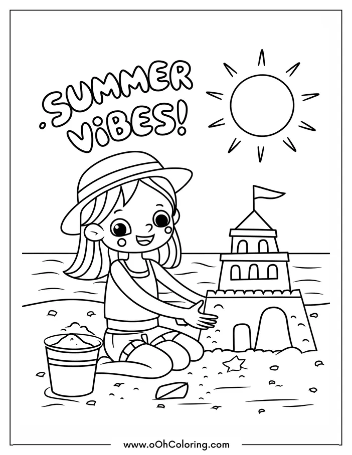 A coloring page of a smiling girl building a sandcastle on a sunny beach.
