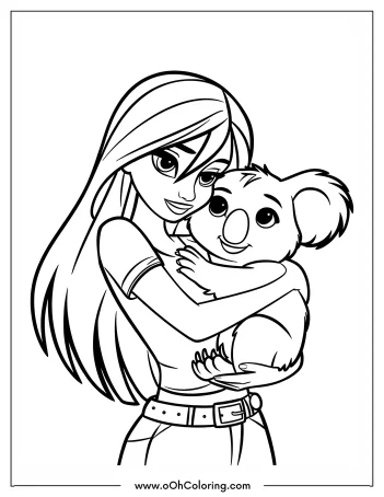 A girl with long hair hugging a koala coloring page.