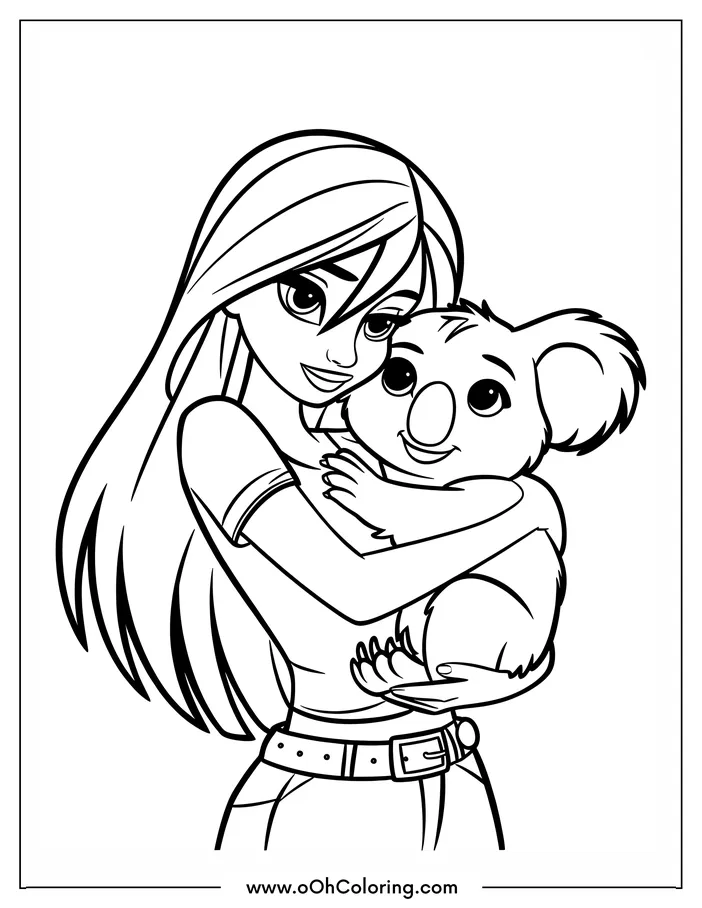 A girl with long hair hugging a koala coloring page.