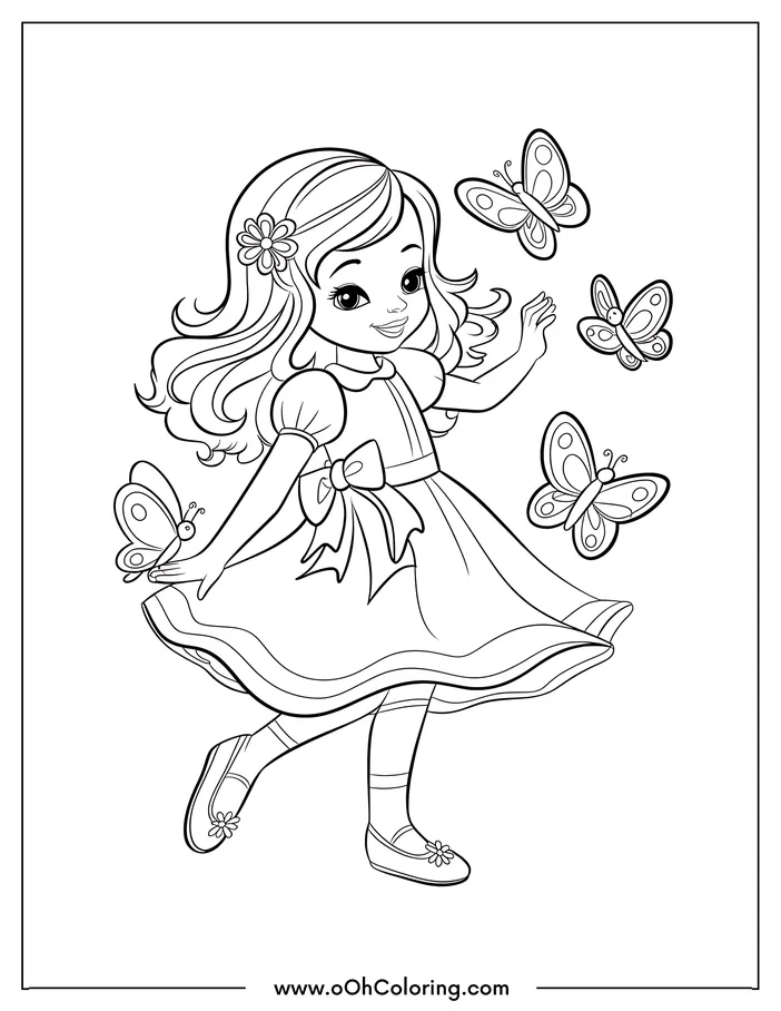 Girl dancing with butterflies coloring page