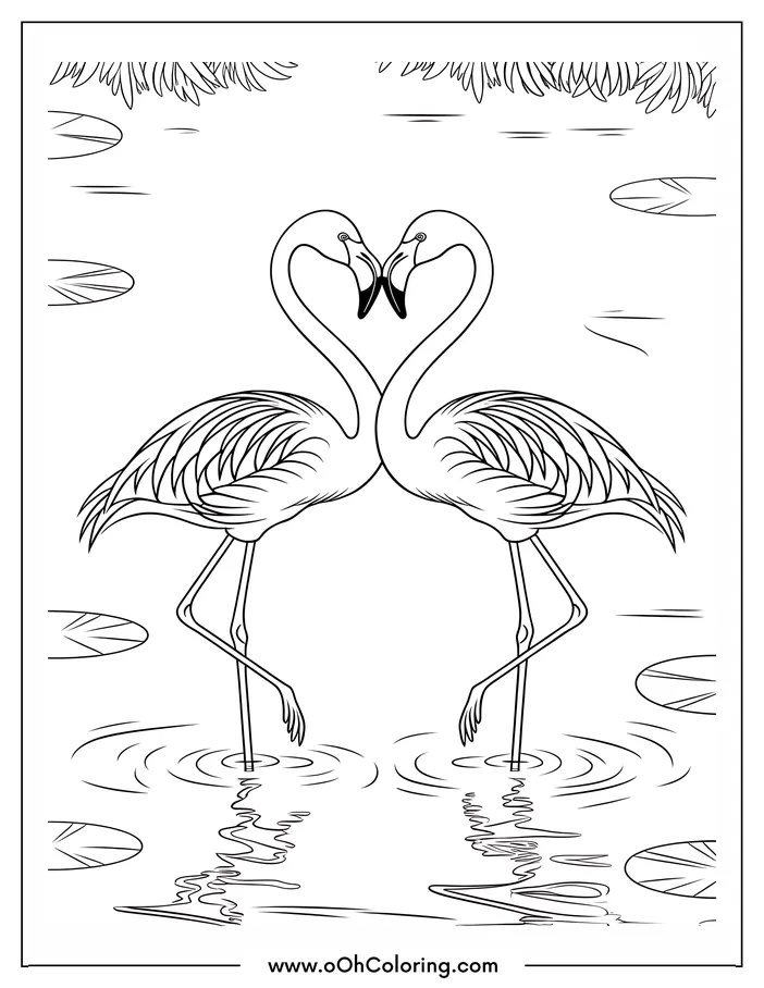A coloring page of two flamingos standing in water