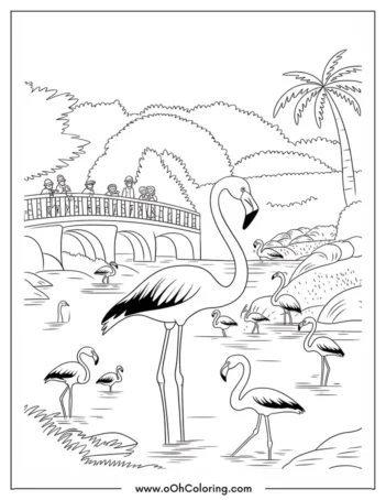 A coloring page of flamingos standing in a pond with a bridge and palm trees.