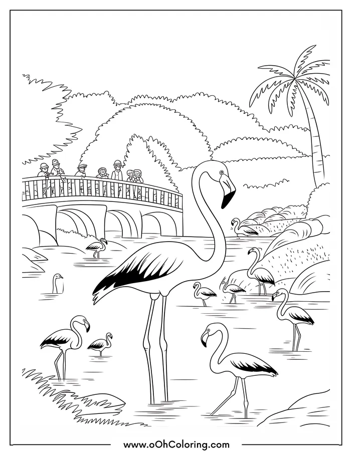 A coloring page of flamingos standing in a pond with a bridge and palm trees.