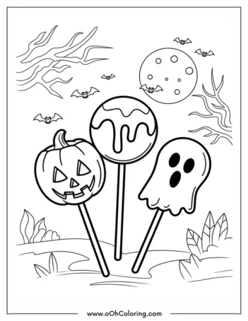 Coloring page with a Halloween pumpkin, candy apple, and ghost lollipop.