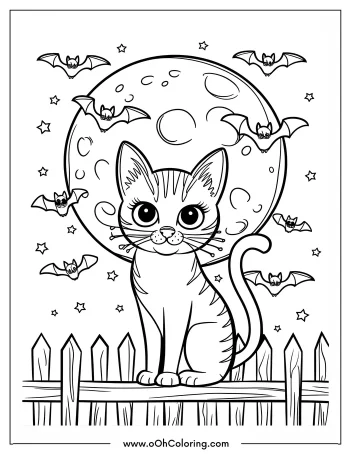 A cat on a fence with bats and a full moon in a Halloween-themed coloring page.