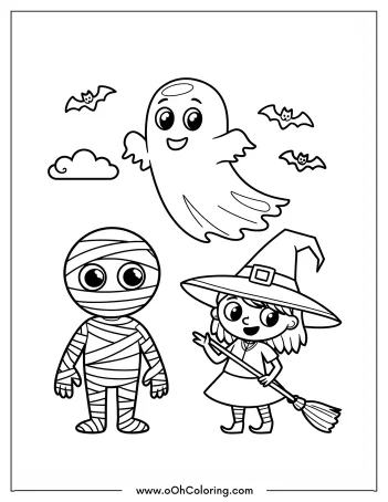 Coloring page of a mummy, witch, and ghost with bats.