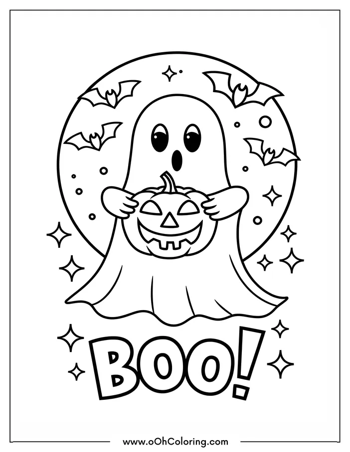 Coloring page with a ghost holding a pumpkin, surrounded by bats and stars, with 'BOO!' text.