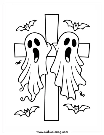 Two ghosts in front of a cross with bats flying around.