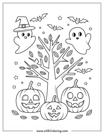 Halloween coloring page with ghosts, pumpkins, and bats around a tree.