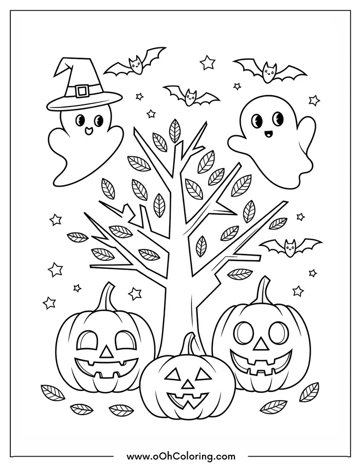 Halloween coloring page with ghosts, pumpkins, and bats around a tree.