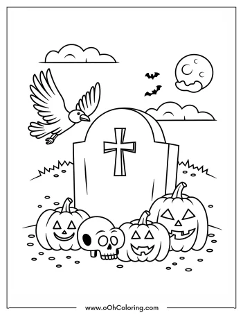A graveyard scene with a tombstone, pumpkins, skull, crow, and moonlit sky for coloring.